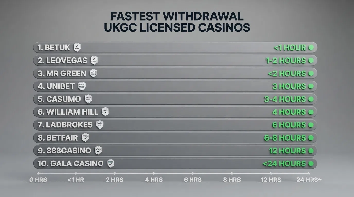 A side-by-side grid of casino brand cards with withdrawal times highlighted in green, arranged from fastest to slowest, with the UKGC badge visible on each