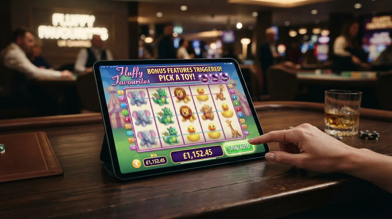 Fluffy Favourites slot reels in play showing the pink plushie toy symbols, claw-grab bonus feature and win counter