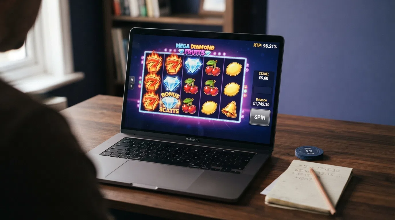 A slot game grid with an RTP percentage and a stake amount overlaid, the RTP figure highlighted beside a small calculator icon