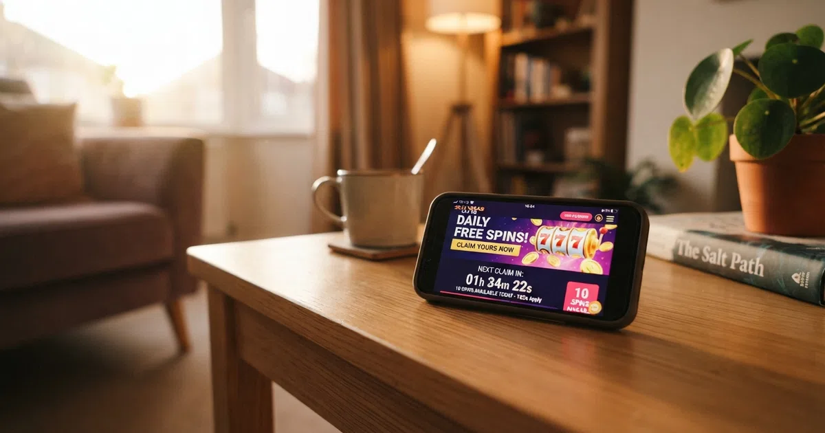 A smartphone screen showing a UK online casino lobby with a highlighted daily free spins promotion banner and a countdown timer