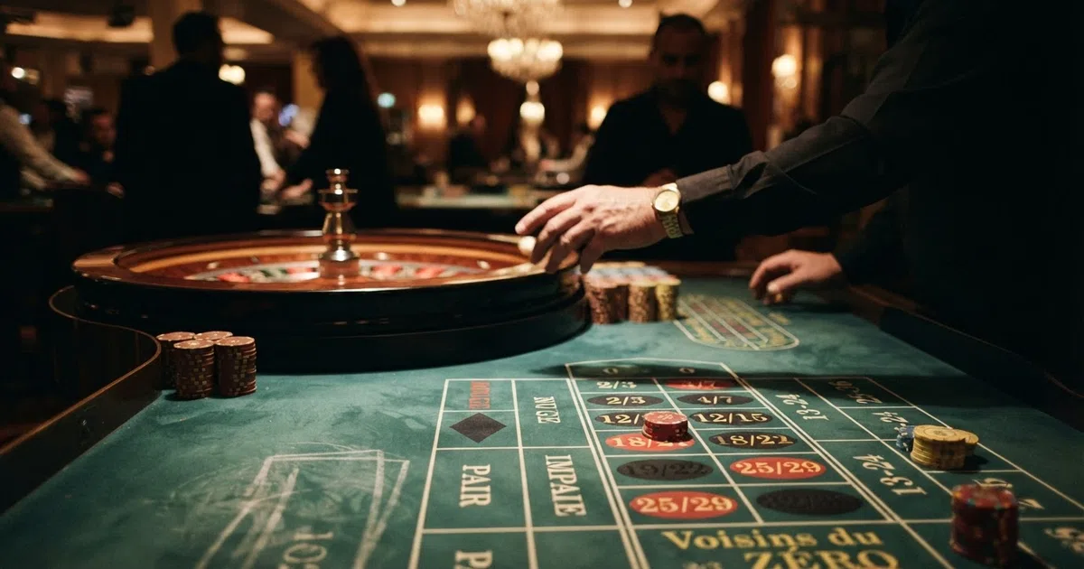 A live French roulette table in play, single-zero wheel visible with the racetrack betting layout, croupier poised to spin, casino-studio lighting