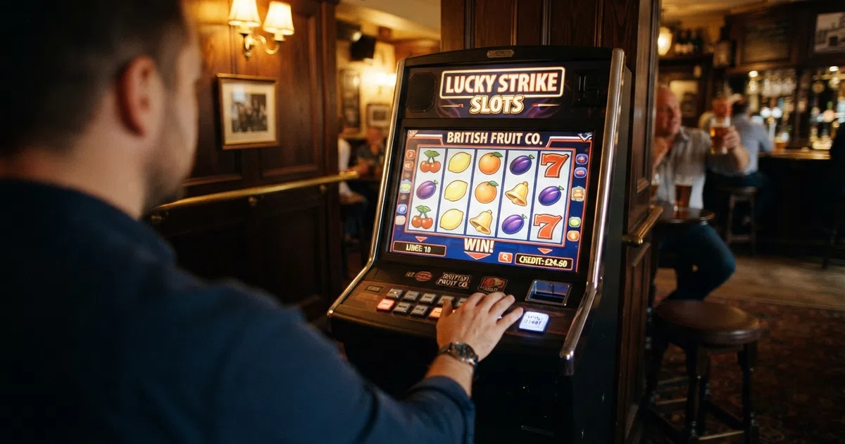 Classic fruit machine slot symbols — cherries, lemons, oranges, plums, bells and red sevens — illuminated across five digital reels on a dark casino background