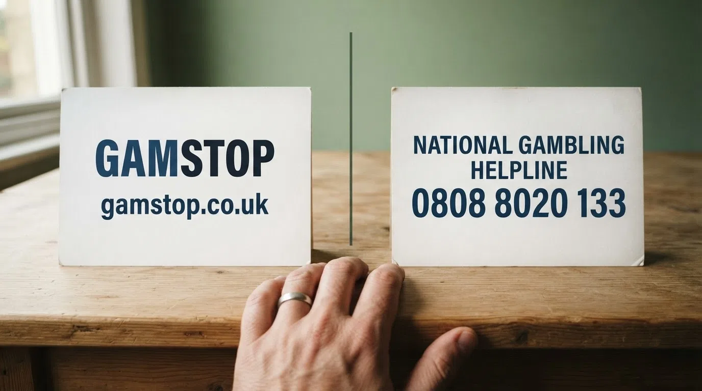 A split composition: the GAMSTOP logo and website address on the left side, the National Gambling Helpline number 0808 8020 133 on the right, against a muted green gradient background.