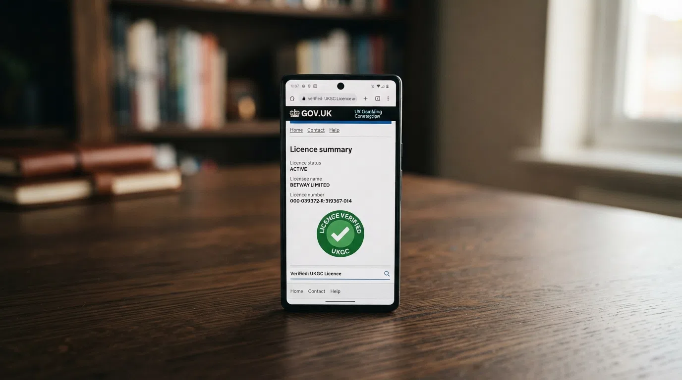 The Gambling Commission logo on a mobile screen next to a licence-number search field, with a green verified badge visible