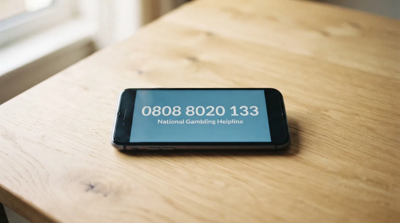 A smartphone screen displaying the GamCare National Gambling Helpline number 0808 8020 133 alongside a chat-support interface, set against a calm and supportive background.