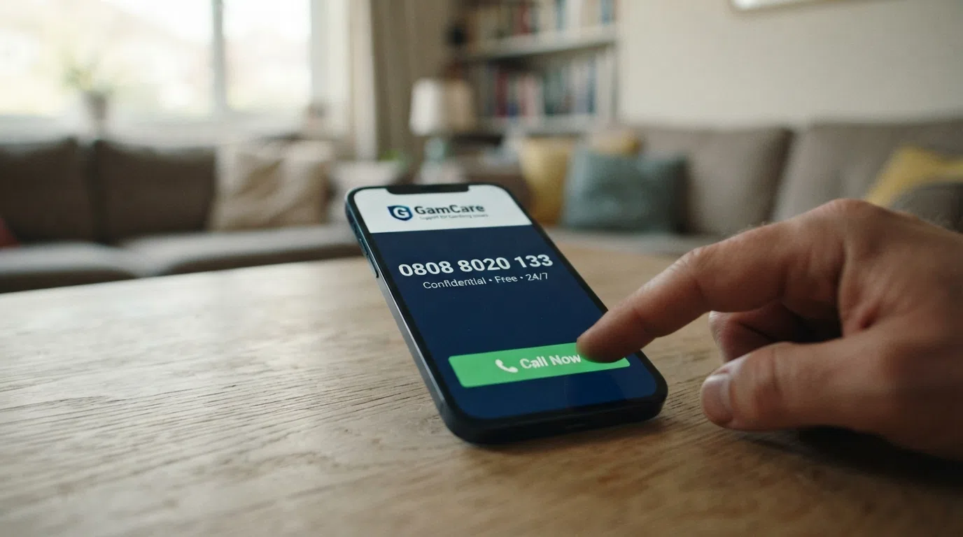 A close-up of a smartphone screen showing the GamCare helpline number (0808 8020 133) and a “call now” button