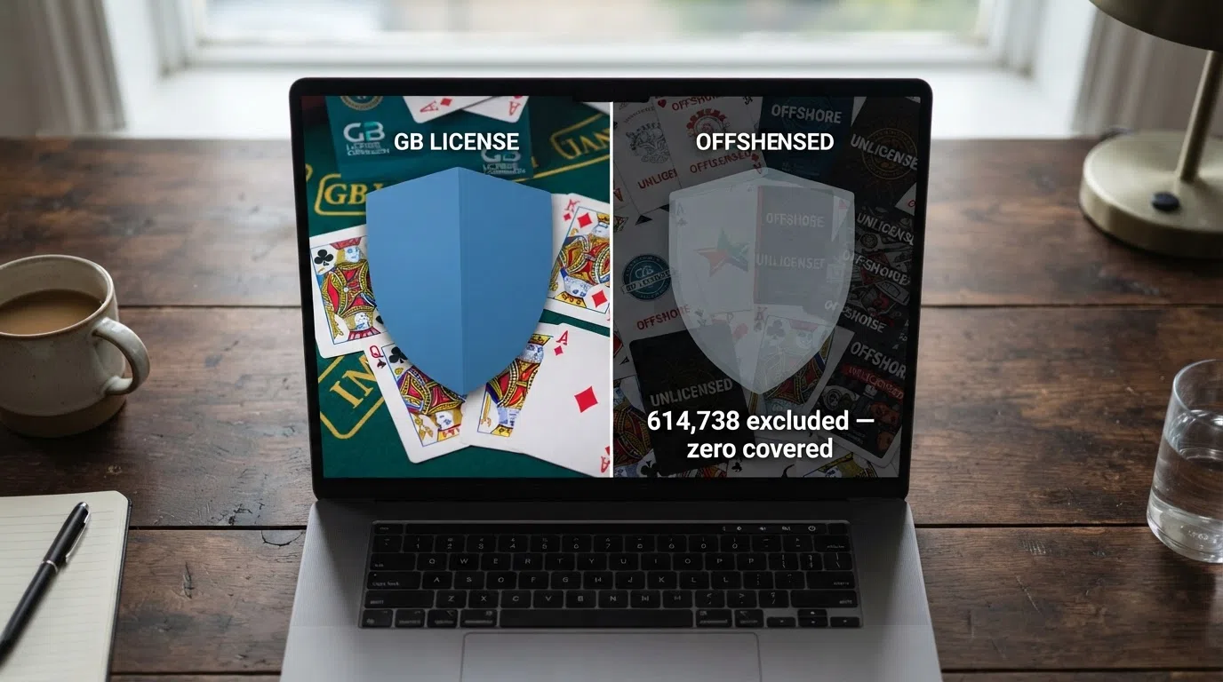 A split illustration: on the left, a shield labelled GAMSTOP covering a set of GB-licensed casino logos; on the right, the same shield faded to transparent over offshore casino logos, with the text “614,738 excluded — zero covered.”