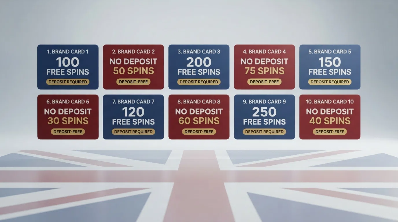 A side-by-side arrangement of ten UK casino brand cards, each showing its free spin count and a green or amber tag indicating deposit-free or deposit-required, laid out on a Union Jack-toned comparison grid