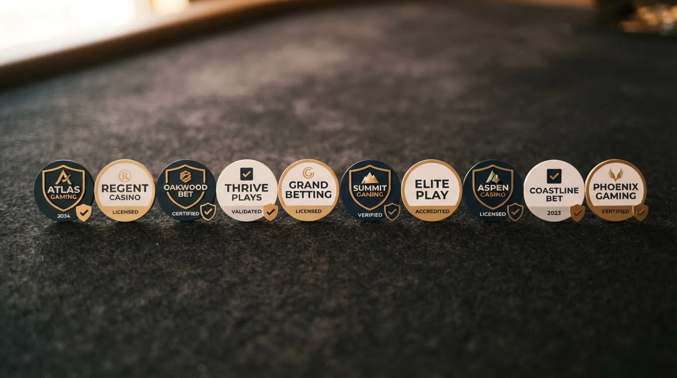 A row of ten UKGC-licensed casino logos arranged in a comparison grid, each with a small flag or shield icon indicating verified licence status