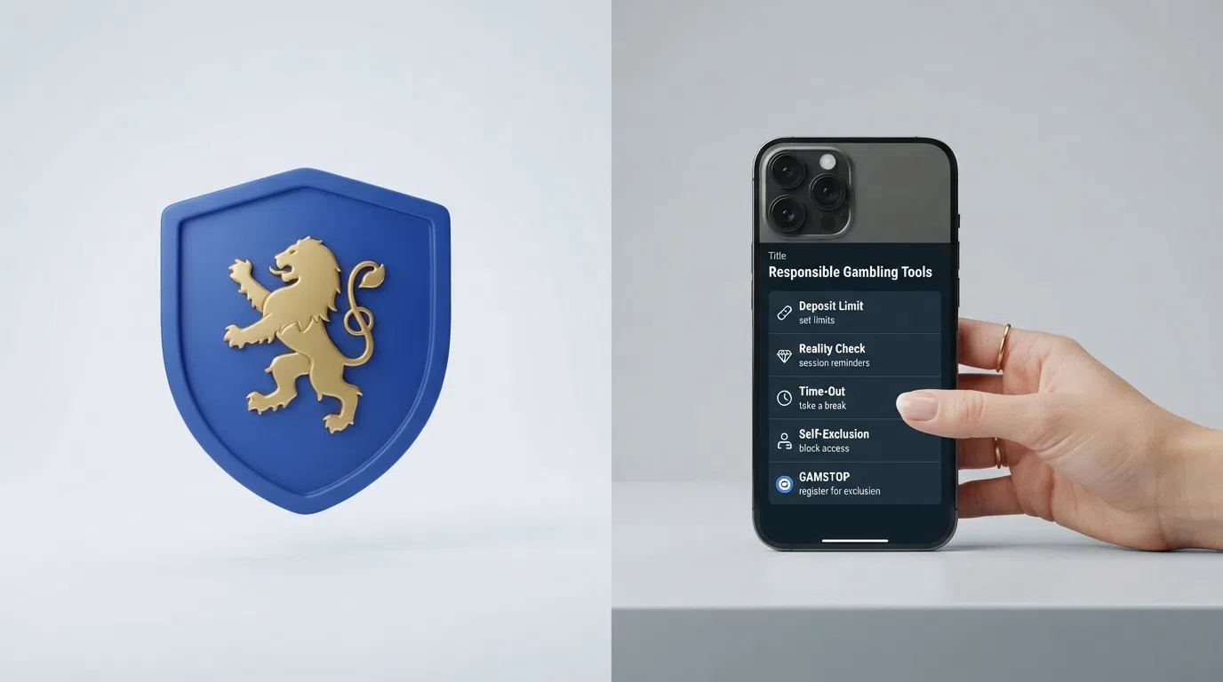 A split composition showing the UKGC logo, a padlock icon and a smartphone displaying a UK-facing casino's responsible-gambling tools screen