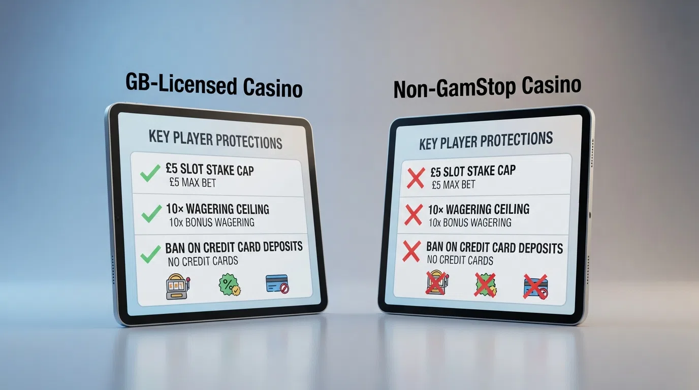 Two columns comparing GB-licensed player protections with offshore casino rules