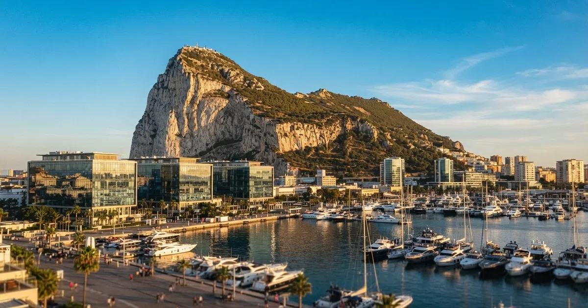 A wide landscape view of the Rock of Gibraltar rising behind modern office buildings and marina infrastructure at its base, capturing the territory's dual identity as a historic landmark and a global iGaming business hub