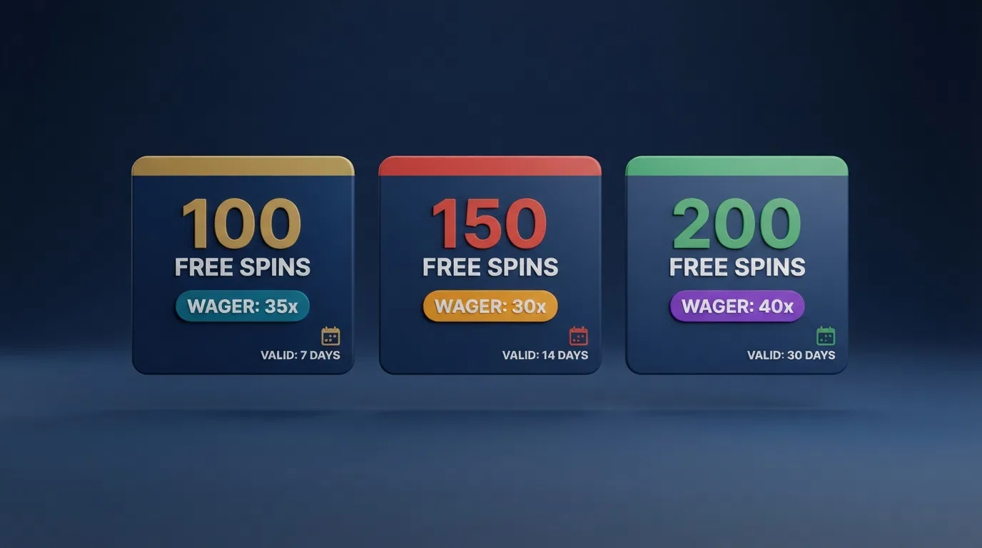 A side-by-side layout of casino welcome-offer summary cards with free-spin counts and wagering badges highlighted in colour