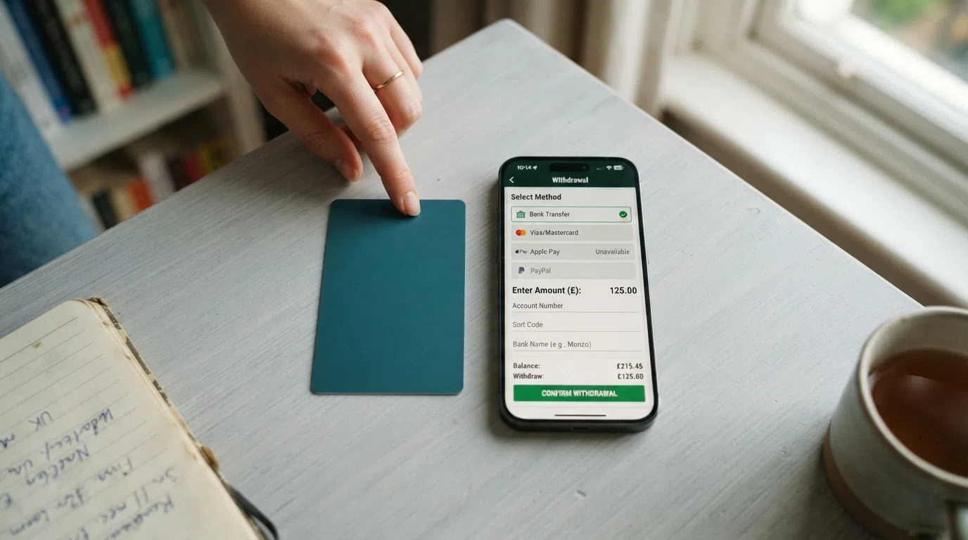 A UK debit card beside a smartphone displaying a casino withdrawal screen with a bank-transfer option selected, the Google Pay logo visible but greyed out