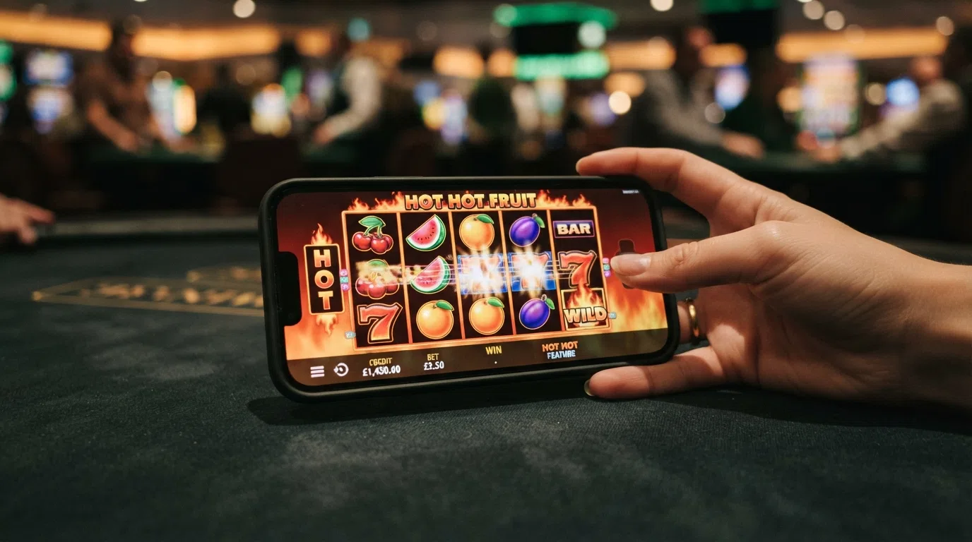 Hot Hot Fruit slot 5×3 reel grid showing the signature splitting fruit symbols mid-spin with the payline highlights active