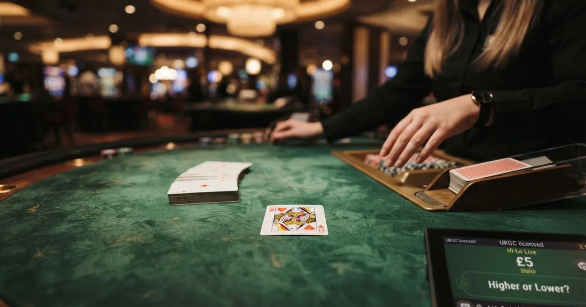 A close-up of playing cards spread face-down on a green casino table felt, with one card turned face-up and the dealer's hand reaching toward the shoe.