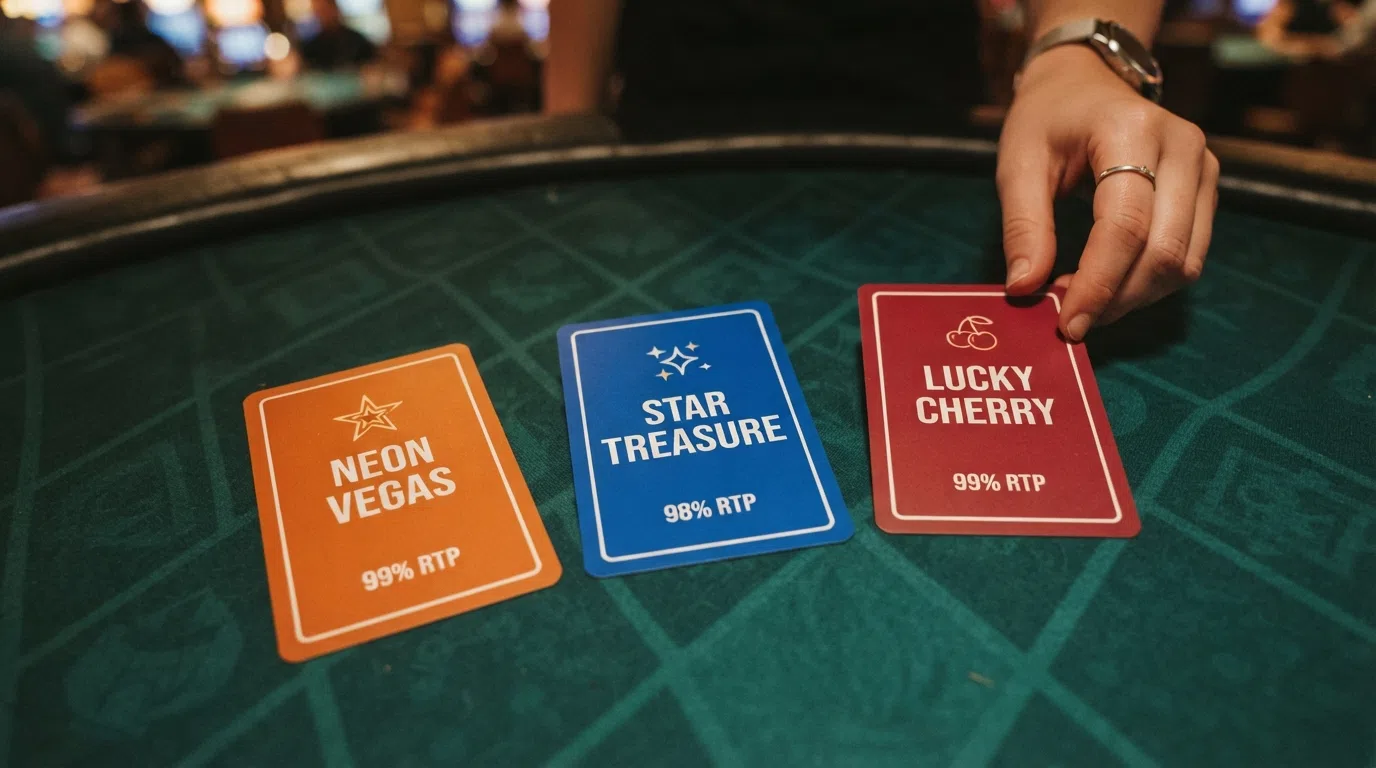Three slot-game title cards for Mega Joker, Blood Suckers and Book of 99 arranged in a row, with their RTP percentages (99%, 98%, 99%) displayed prominently beneath each title