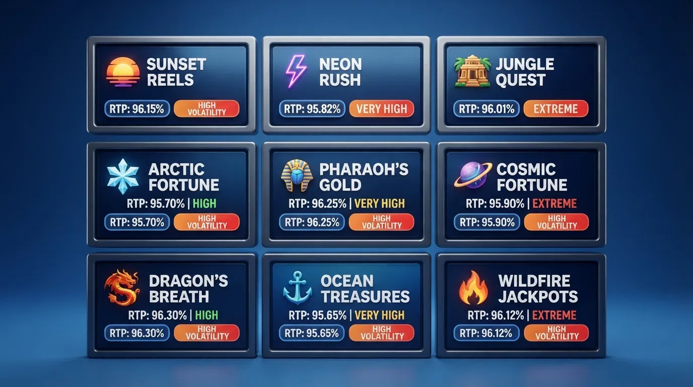 Nine slot-title cards arranged in a comparison grid, each showing the game logo, RTP percentage badge and volatility rating