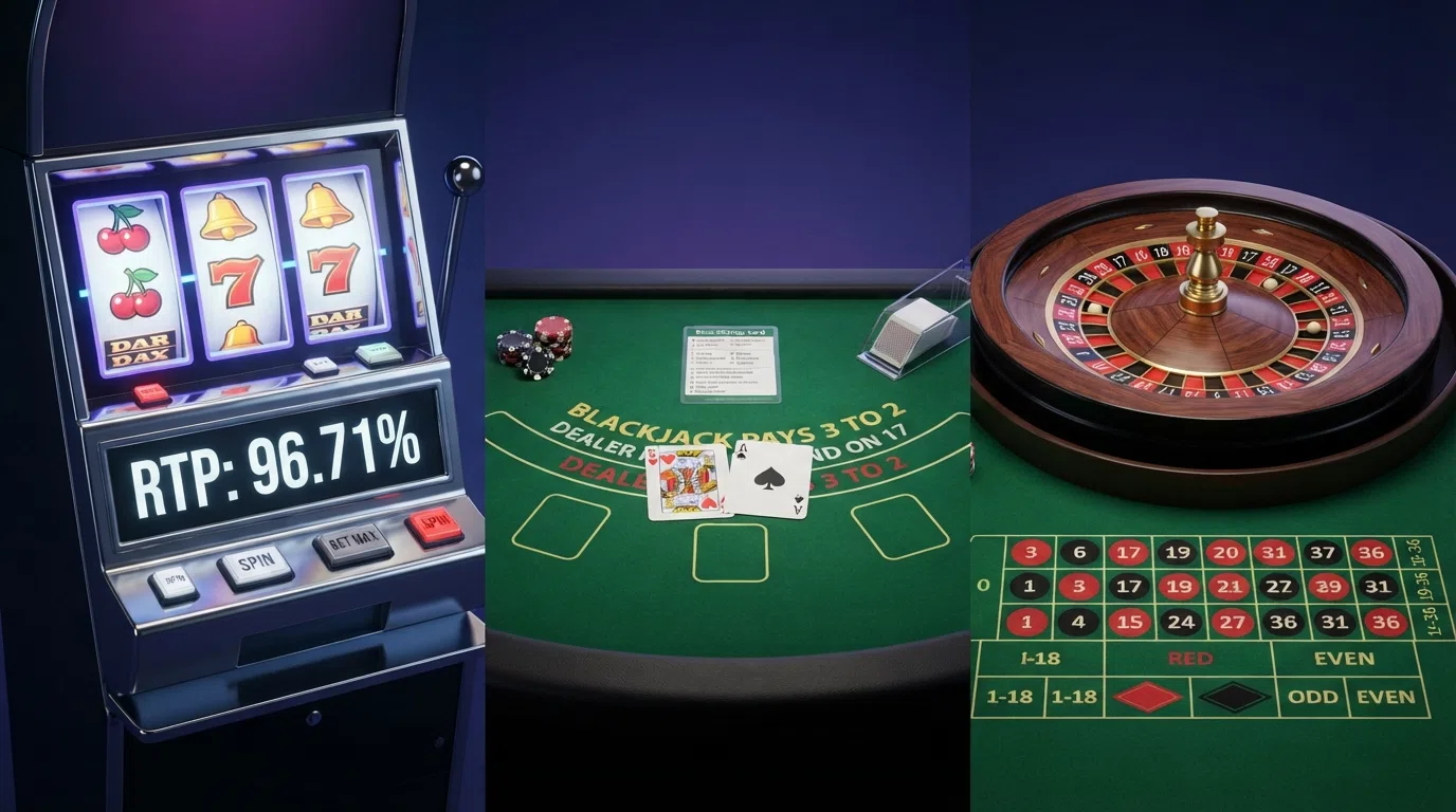 Three high-RTP casino games displayed side by side — a slot reel showing a 96.71% RTP label, a blackjack table with basic-strategy card, and a roulette wheel showing the single-zero layout.