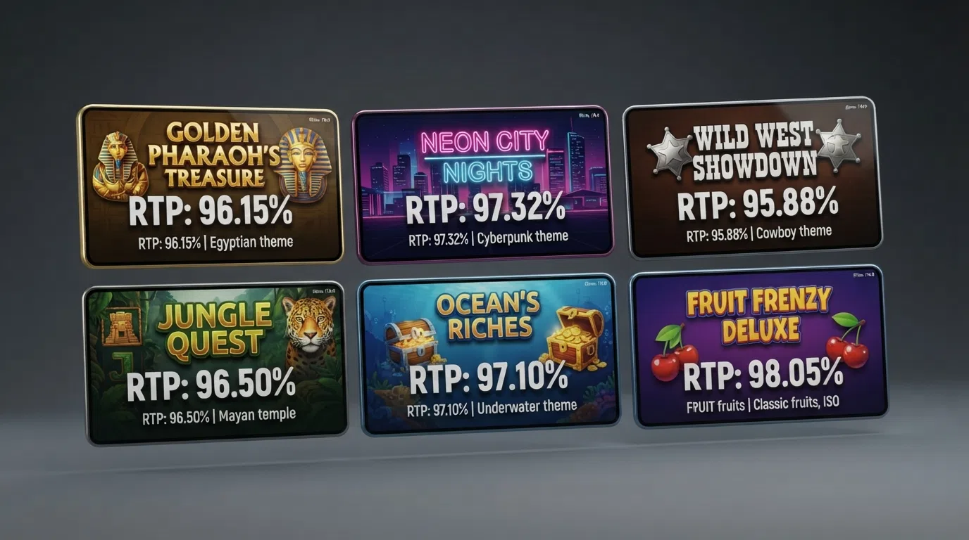 A comparison-style grid of slot title cards with their RTP percentages overlaid — Book of 99 at 99%, Blood Suckers at 98%, White Rabbit Megaways at 97.72%
