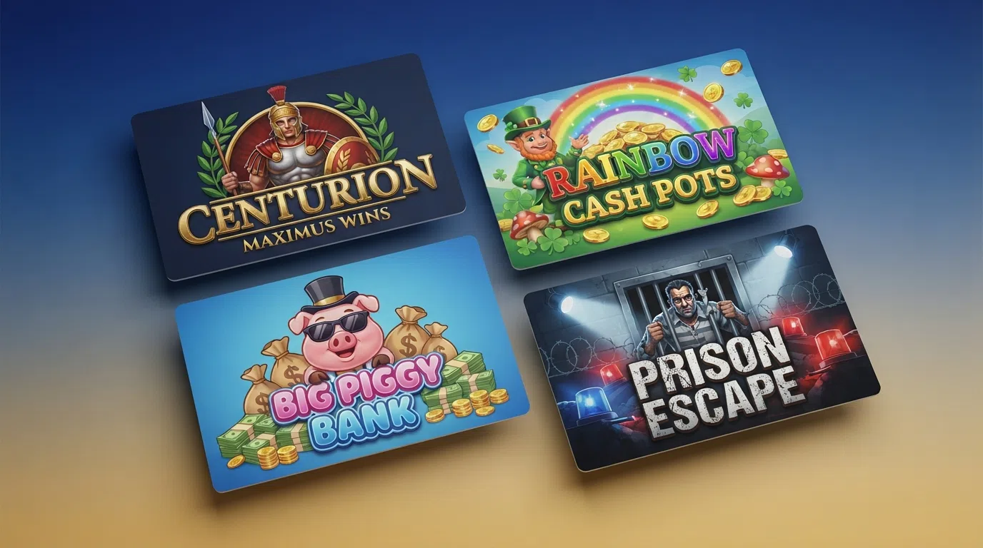 A selection of Inspired Gaming slot title cards featuring Centurion, Rainbow Cash Pots, Big Piggy Bank and Prison Escape