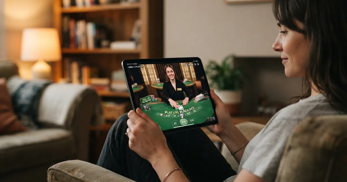 A UK player holding an iPad in landscape orientation, the screen showing a live dealer blackjack table with the dealer smiling, the room softly lit, the iPad's Retina display crisp against a blurred home interior background.