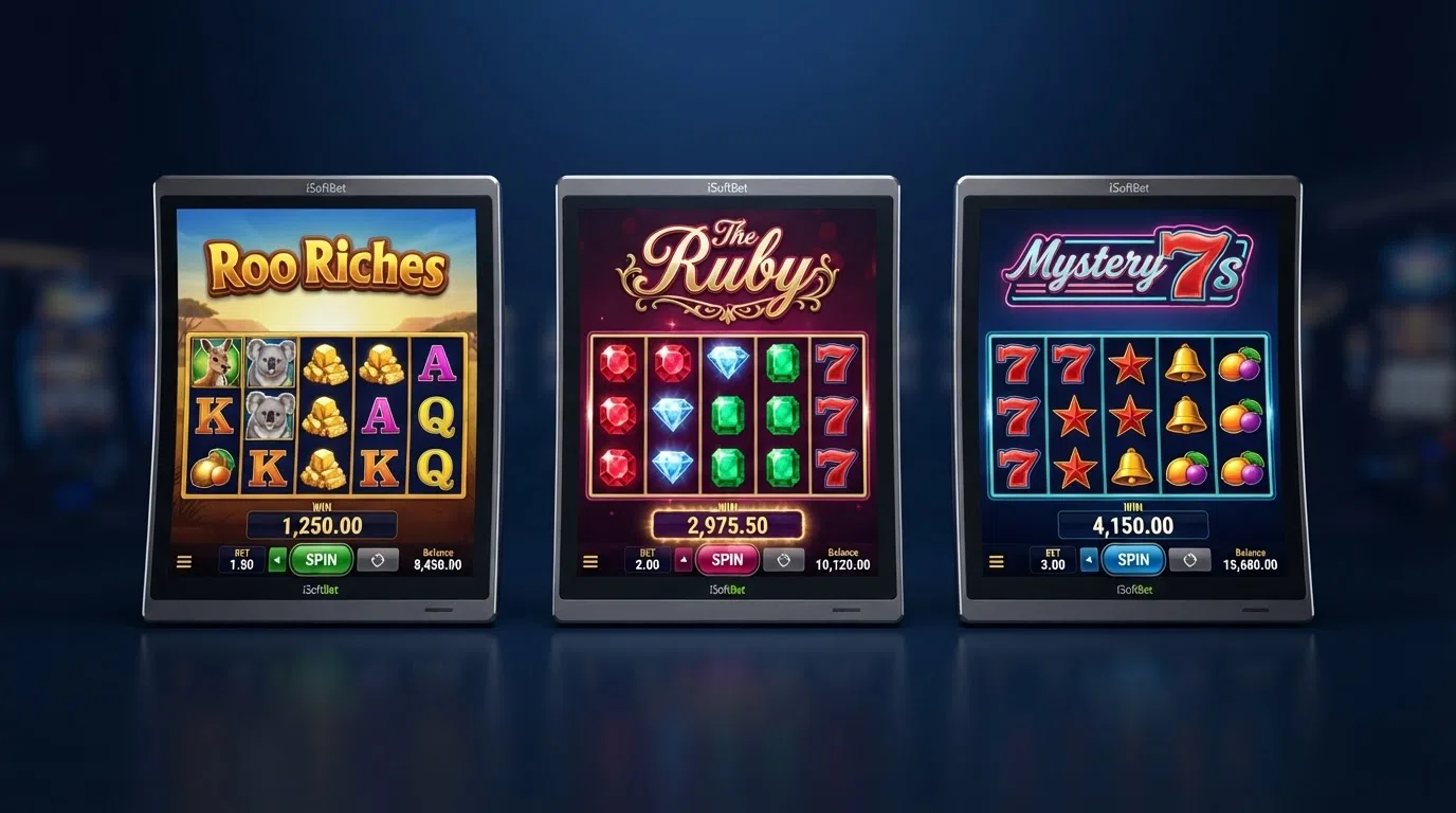 Three iSoftBet slot reel screens — Roo Riches, The Ruby and Mystery 7s — shown side by side in play, each displaying its game title, reel symbols and win counter on a dark casino-themed background