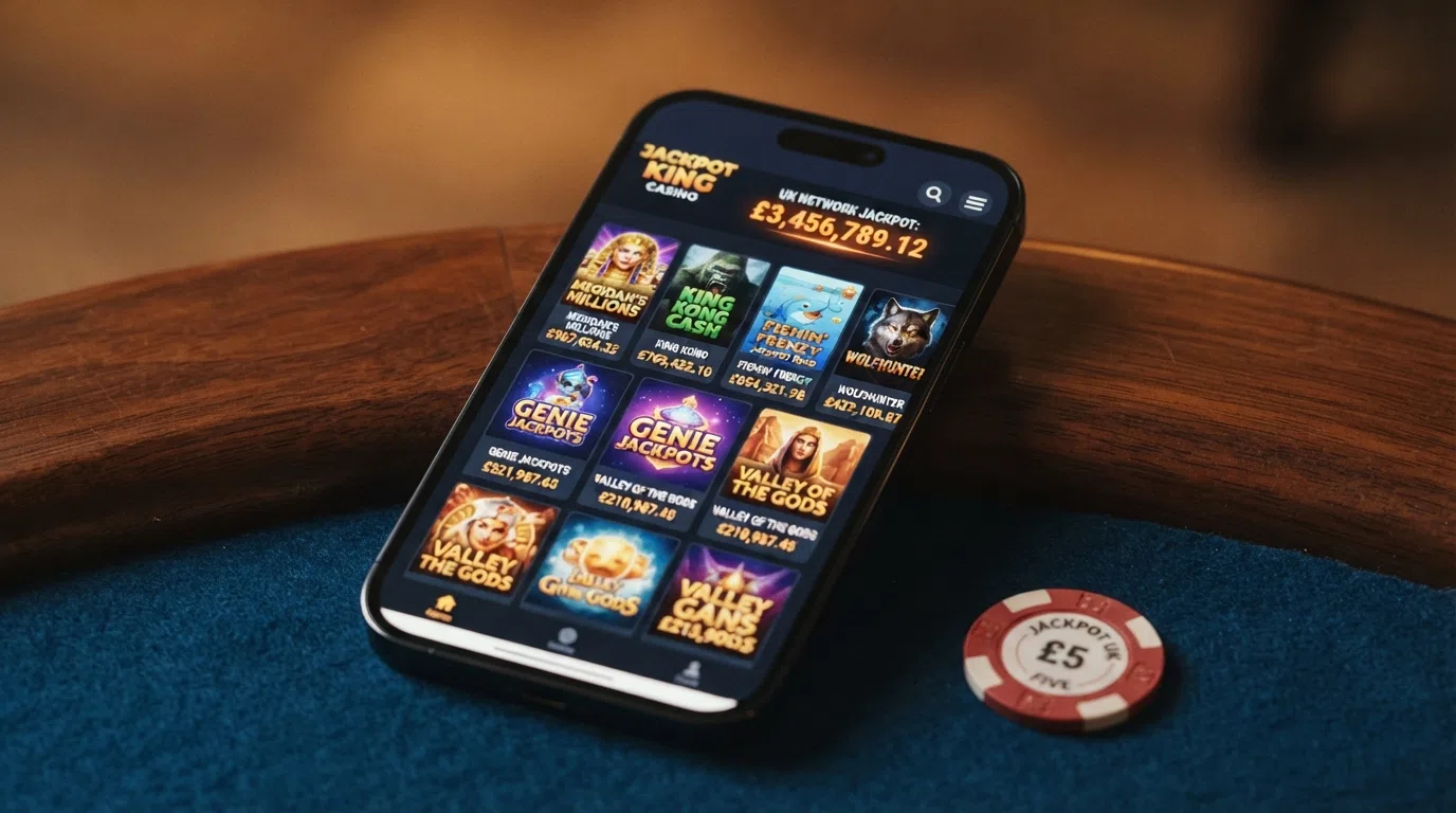 A UK online casino games lobby filtered to show a grid of Jackpot King slot thumbnails from multiple providers, with the live progressive-jackpot total displayed in the site header
