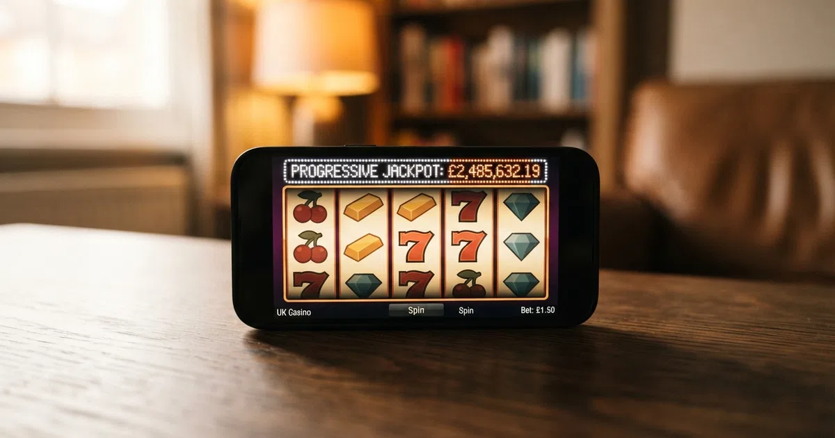 A smartphone displaying a row of colourful jackpot slot tiles with a progressive jackpot total ticker above the reels
