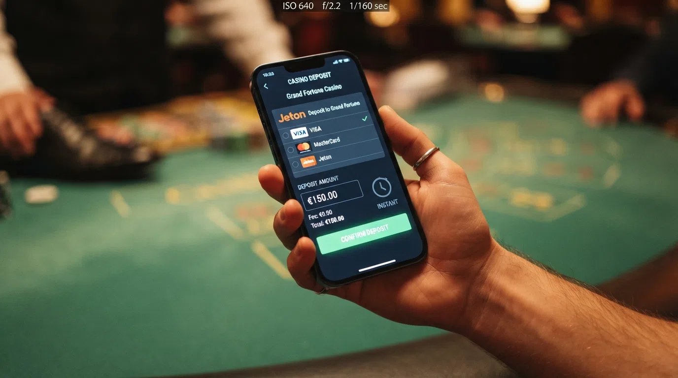 A close-up of a casino deposit screen with Jeton selected as the payment method, showing the amount field and confirm button, overlaid with a stylised clock indicating instant processing.
