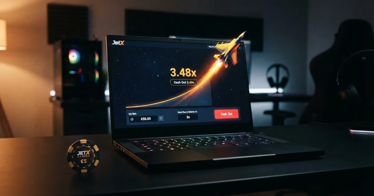A JetX crash-game interface showing the rising multiplier curve with the jet climbing toward a cash-out point, against a dark space-themed background