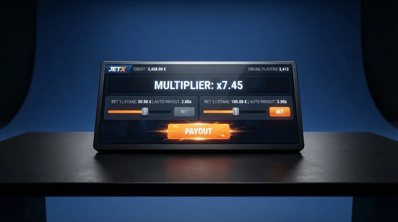 The JetX dual-bet panel with two independent stake fields, auto-cashout sliders for each bet line, and the live multiplier display