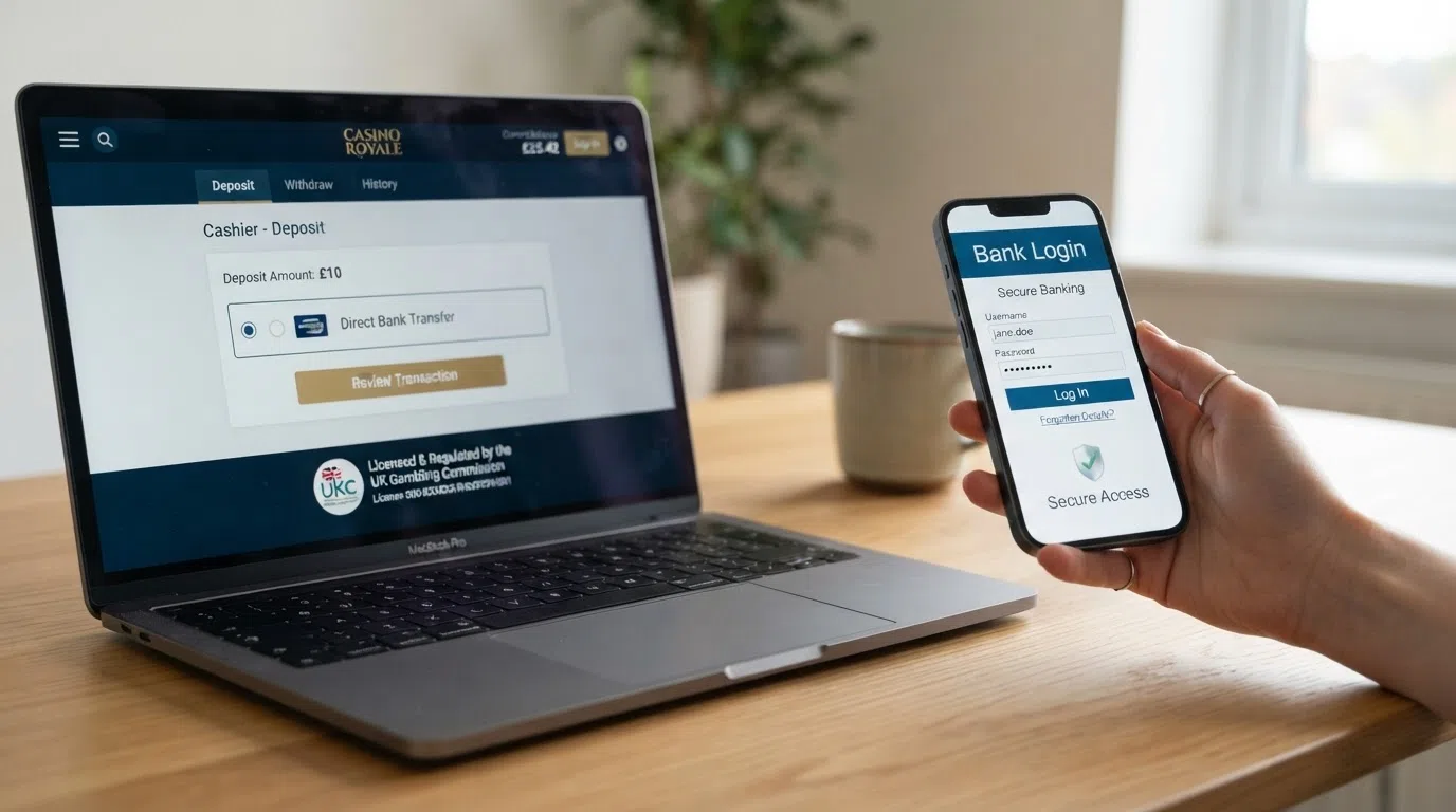 A split-screen illustration: on the left, a casino deposit screen with Klarna selected and an amount entered; on the right, a bank login portal showing the authentication step