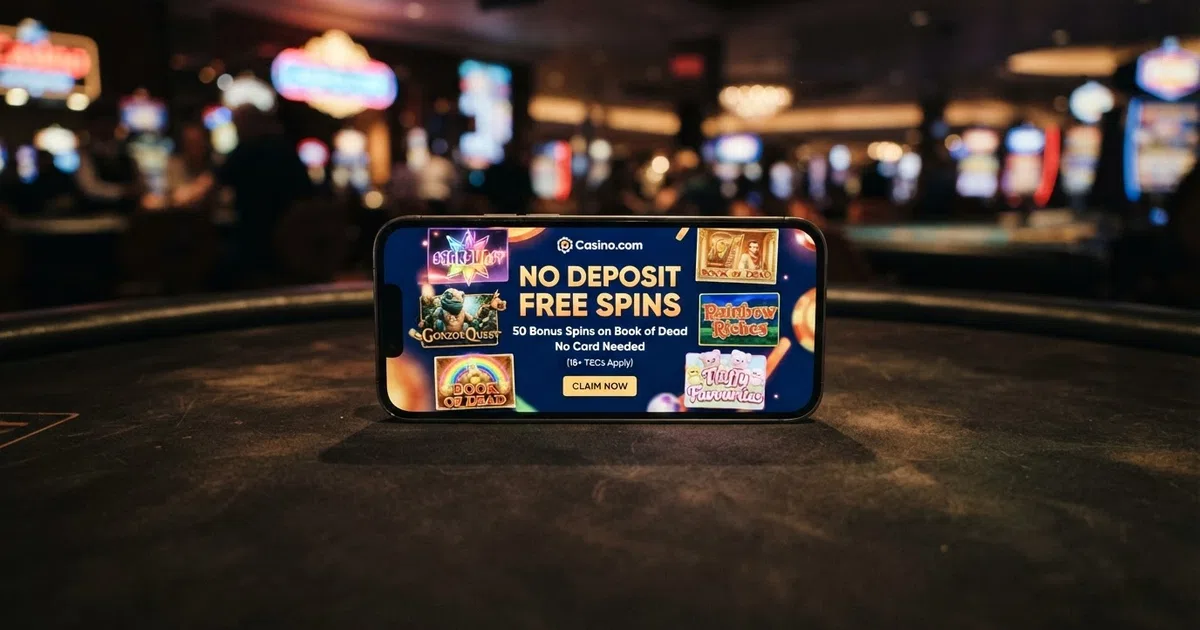 A smartphone screen displaying a UK online casino promotion banner with the words “No Deposit Free Spins” beside a row of slot game icons, set against a dark casino-themed background