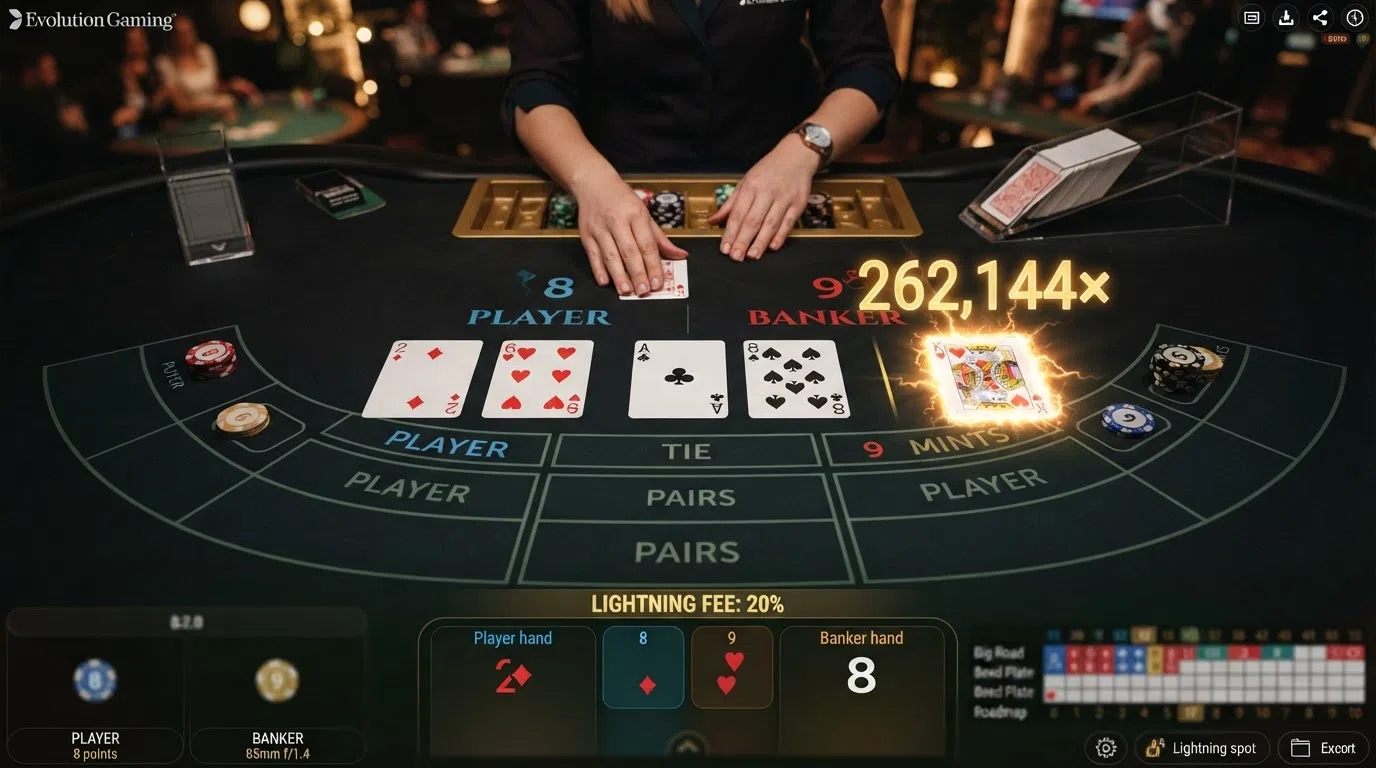 A Lightning Baccarat table showing five cards face-up on the felt with multiplier values displayed on one or two of them, the Lightning Fee indicator visible on the interface