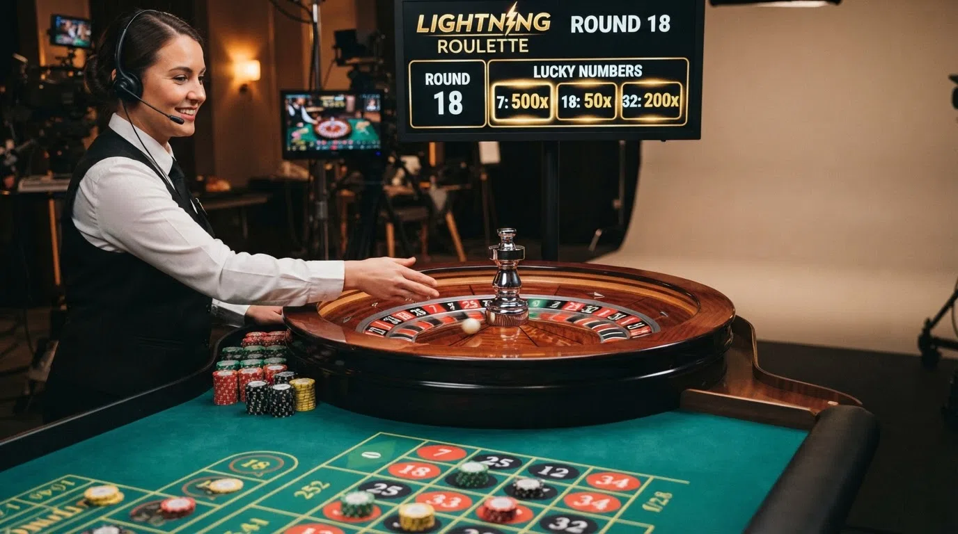 A Lightning Roulette table with lucky numbers illuminated on-screen, the multiplier values (50× to 500×) displayed above the wheel, the dealer standing by