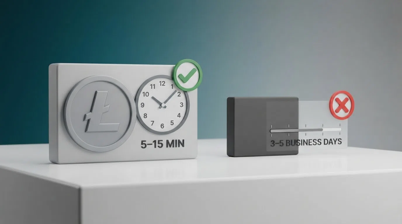 A split comparison graphic: on the left a Litecoin logo beside a clock face showing 5–15 minutes and a green checkmark, on the right a bank building icon with a calendar showing 3–5 business days