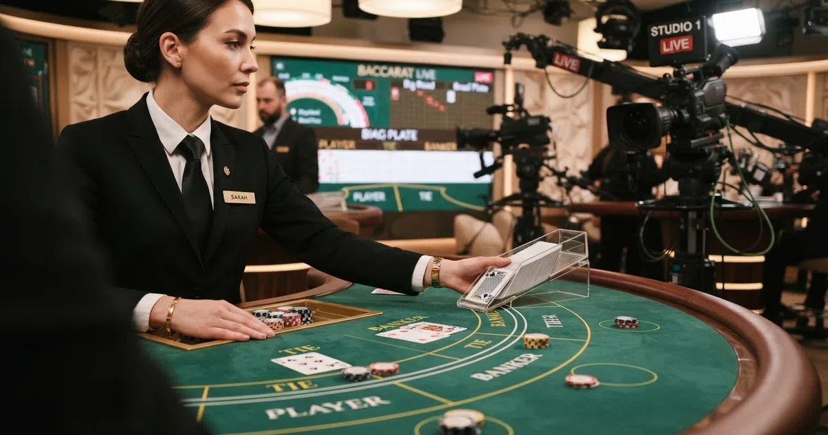A live baccarat table in a casino studio with a dealer holding a card shoe, multiple camera angles visible on a screen, and a betting grid overlay