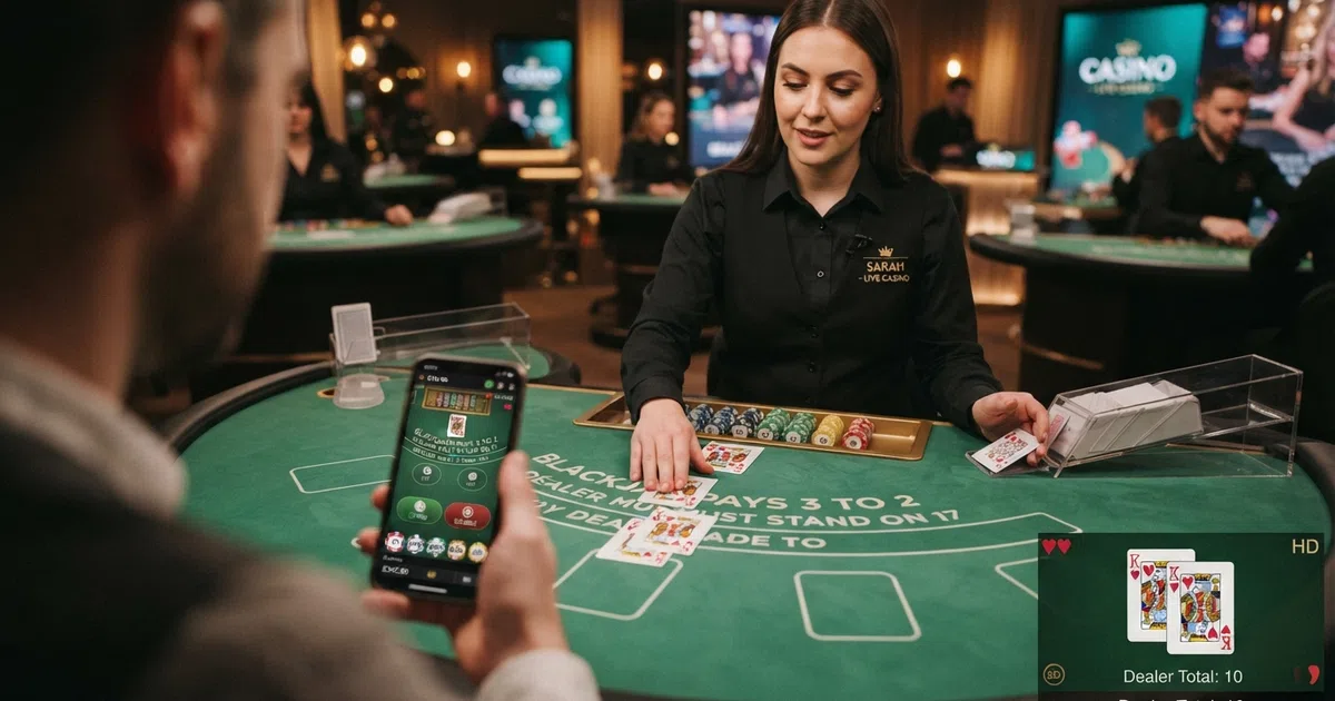 A live blackjack dealer at a casino table, streamed in HD to a player screen showing the betting interface, chip denominations and the dealer's upcard