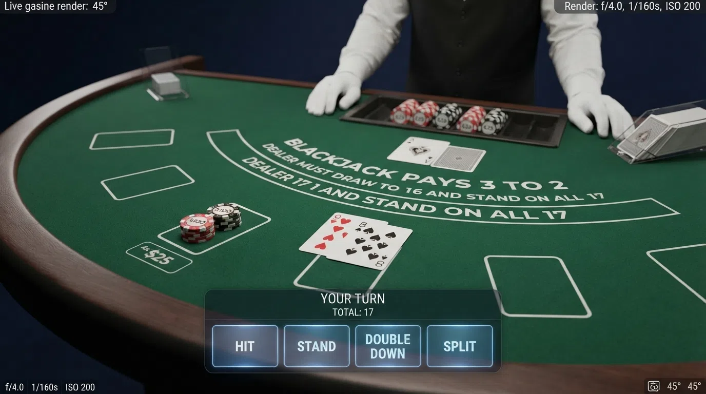 A close-up of a live blackjack table with cards dealt face-up, the dealer's hand visible and the player decision panel overlaid on screen