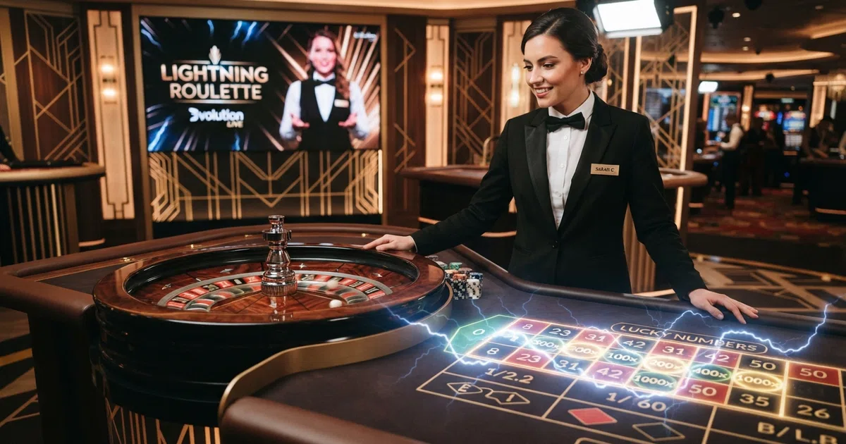 A live Lightning Roulette table in an Evolution Gaming studio with a dealer spinning the European wheel as CGI lightning strikes highlight the Lucky Numbers on the betting grid overlay