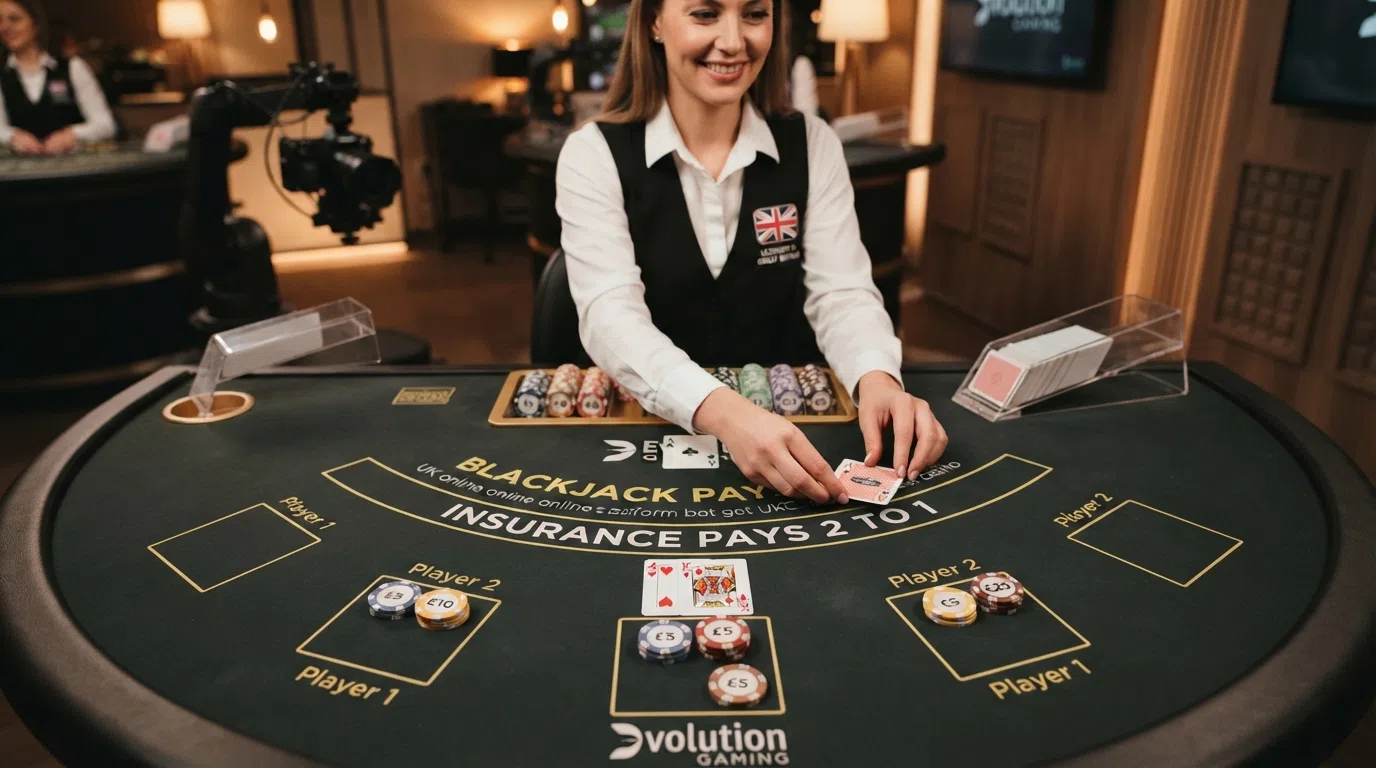 A live-dealer blackjack or roulette table with the Evolution Gaming studio branding visible, dealer in frame and betting layout on screen