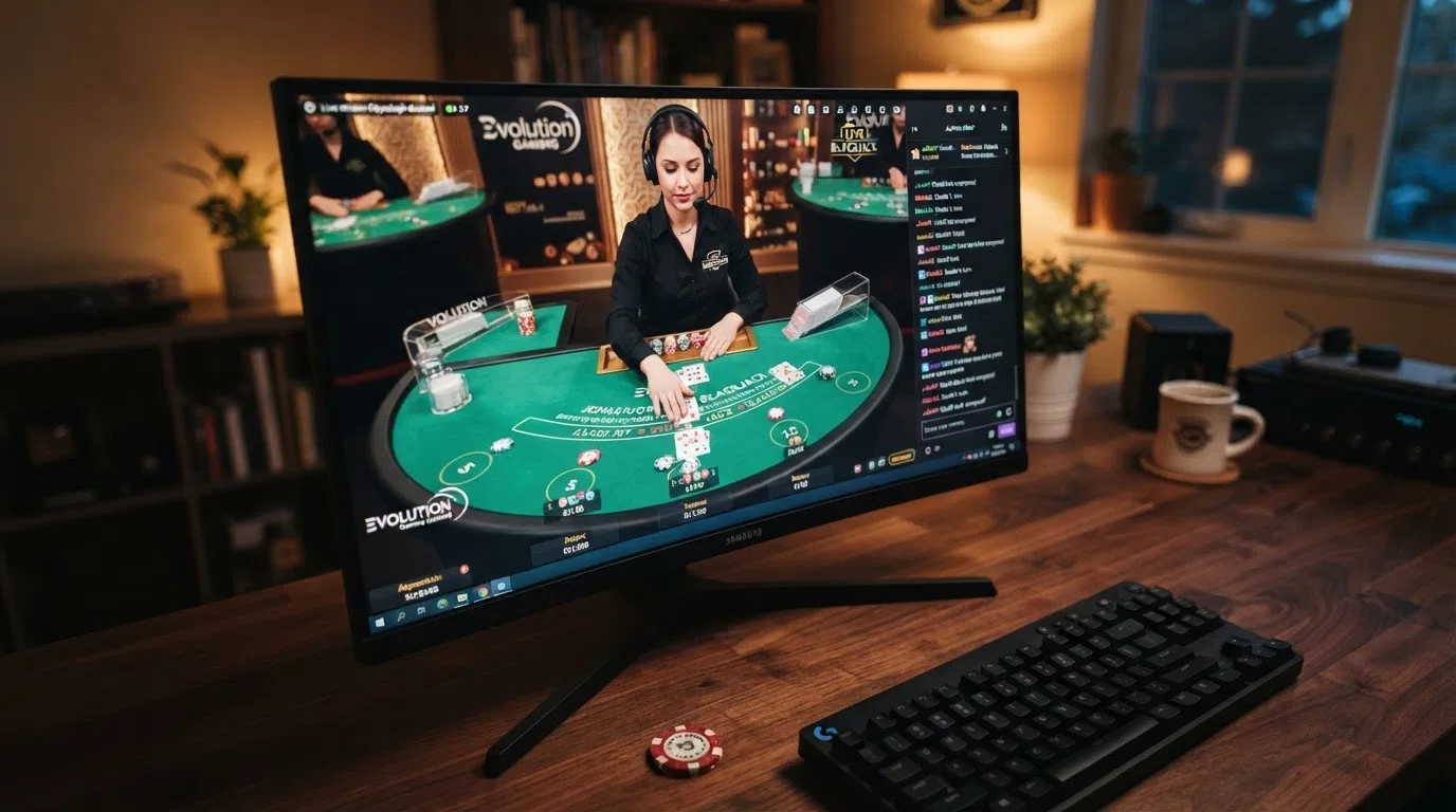 A live-streamed blackjack table with a human dealer in a professional studio, multiple player positions shown on-screen, and an active chat panel