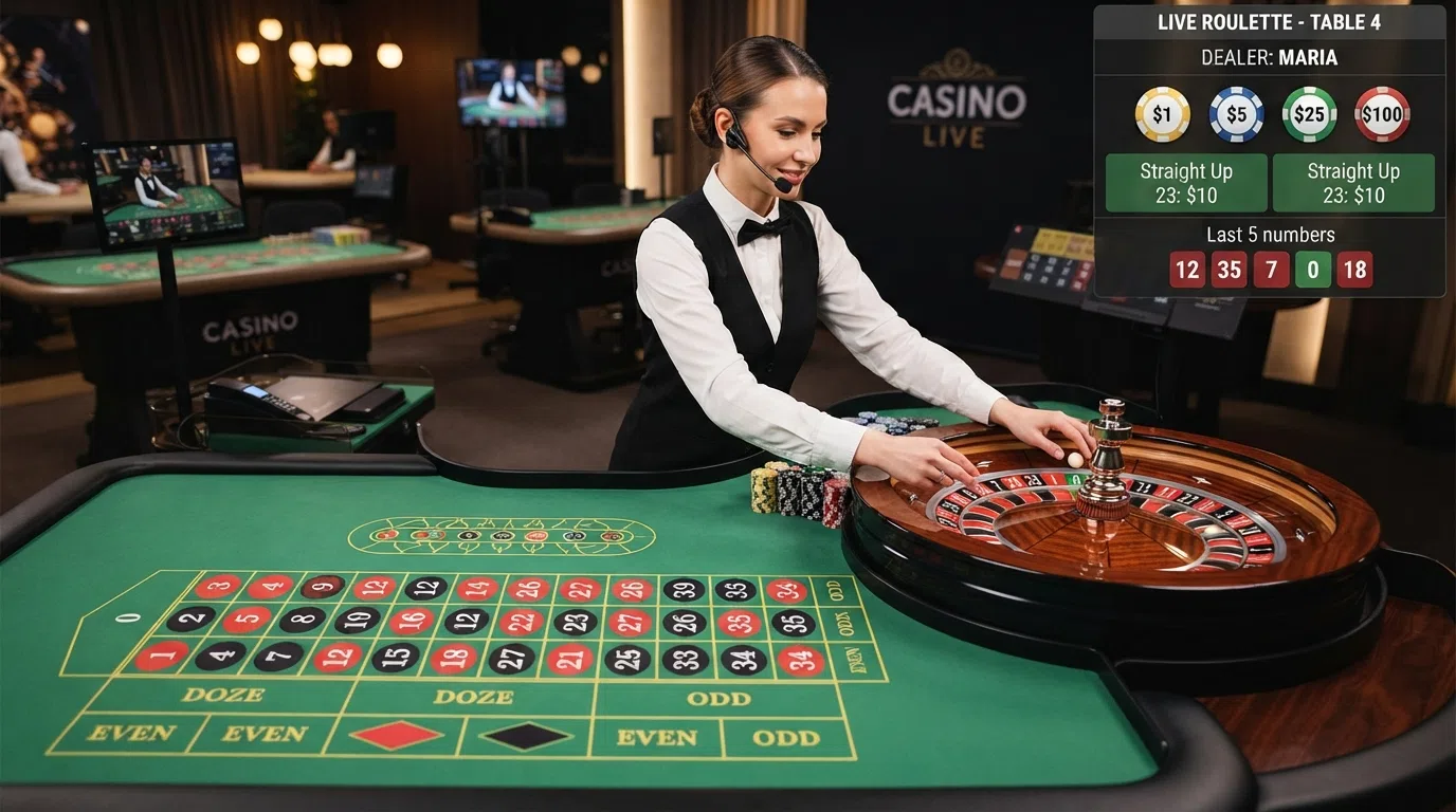 A live dealer standing at a European roulette table in a professional casino studio, the wheel in the foreground and a digital betting interface overlaid on the screen showing chip denominations