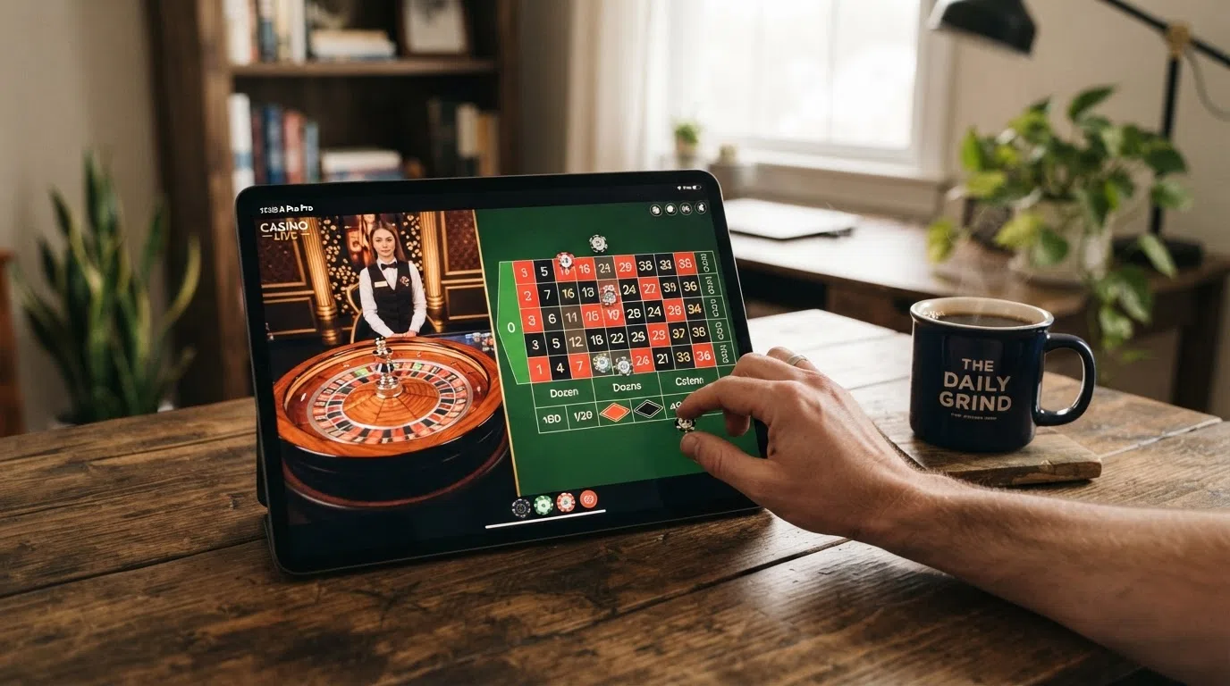 A close-up of an iPad running a live roulette stream in landscape mode, the wheel mid-spin, the betting grid touch-responsive, a cup of coffee beside the device on a wooden desk.