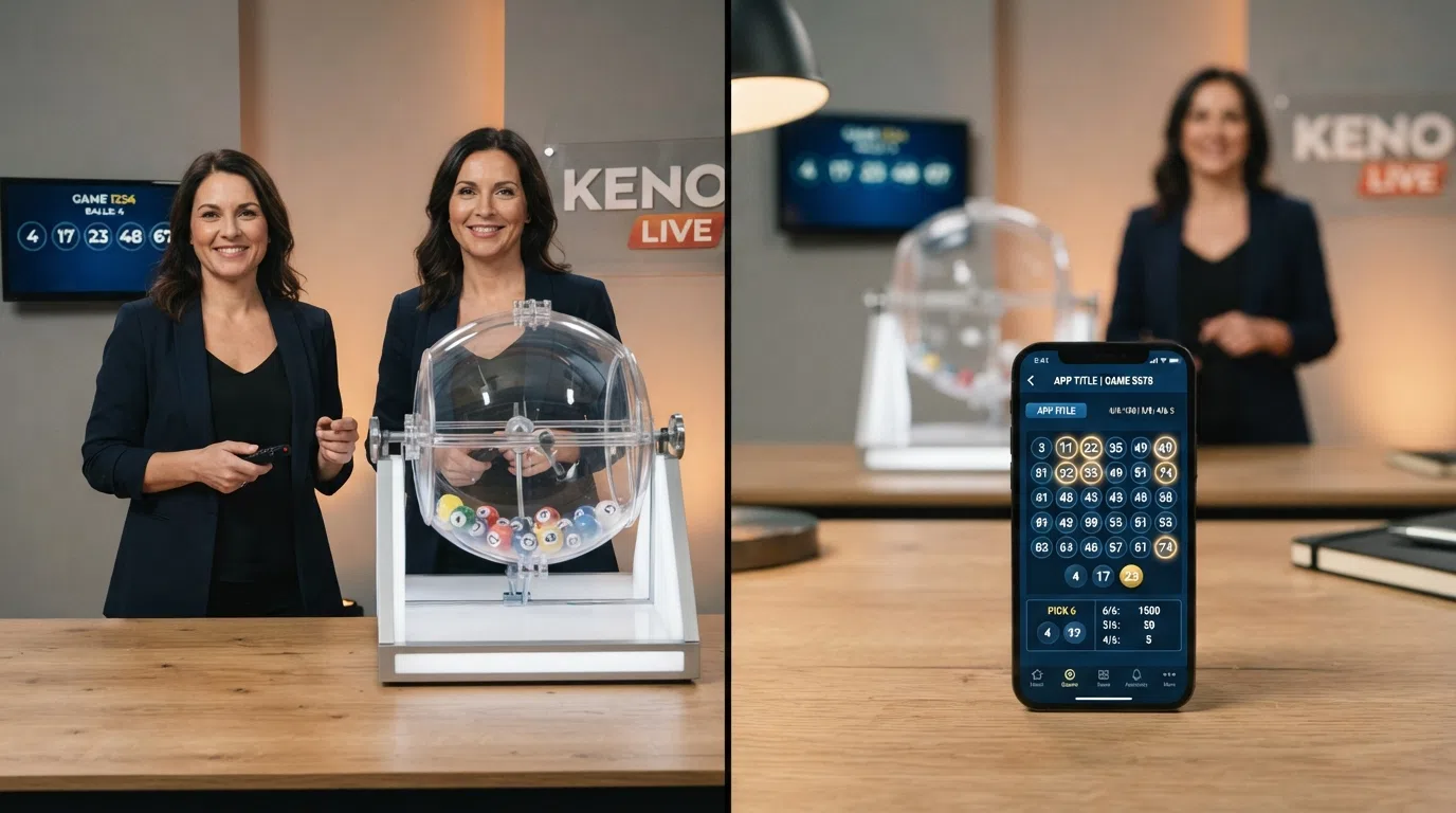 A split-frame composition: on one side a live keno studio with a presenter at the draw machine, on the other a smartphone showing an RNG keno title mid-round.