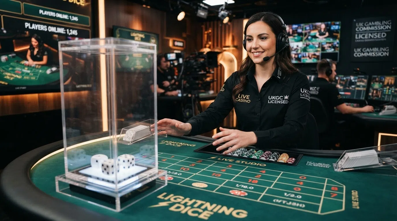 A live dealer dice-game studio with a presenter behind a branded dice table, a large transparent dice tower or shaker in the foreground, multiple camera-angle monitors visible at the edge of the frame