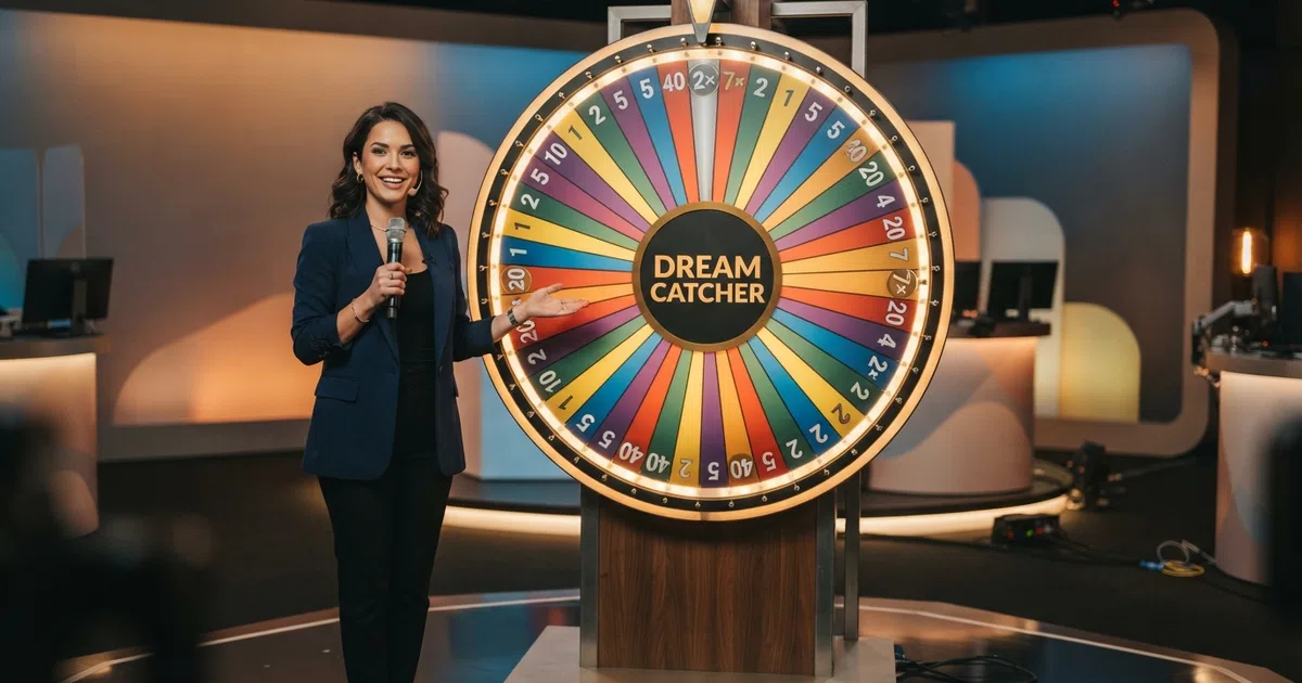 A live dealer in an Evolution Gaming studio standing beside a vertical Dream Catcher money wheel, its 54 coloured segments numbered 1, 2, 5, 10, 20 and 40 clearly visible under studio lighting