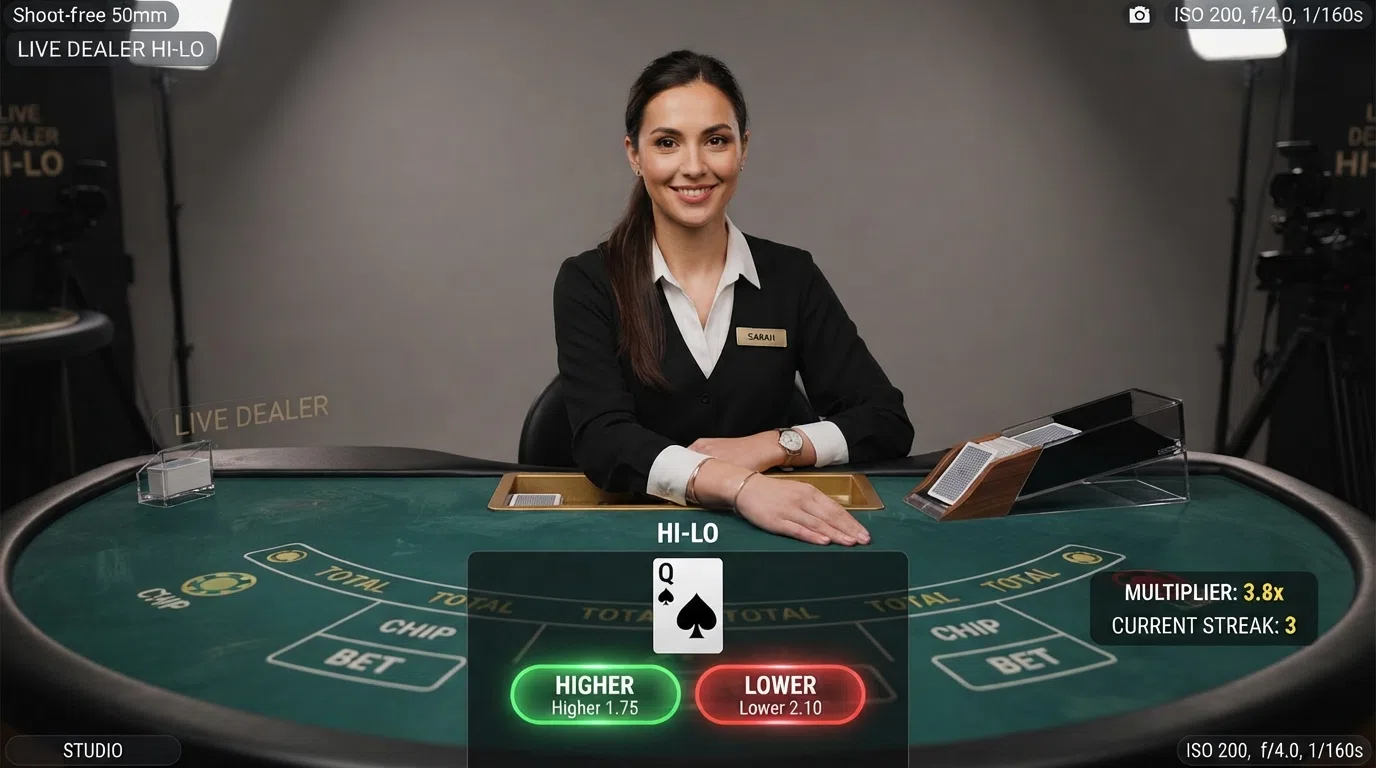 A live dealer seated at a casino table with a card shoe, streamed from a professional studio, with the Hi-Lo betting interface overlaid on the screen showing the higher/lower buttons and the current multiplier.