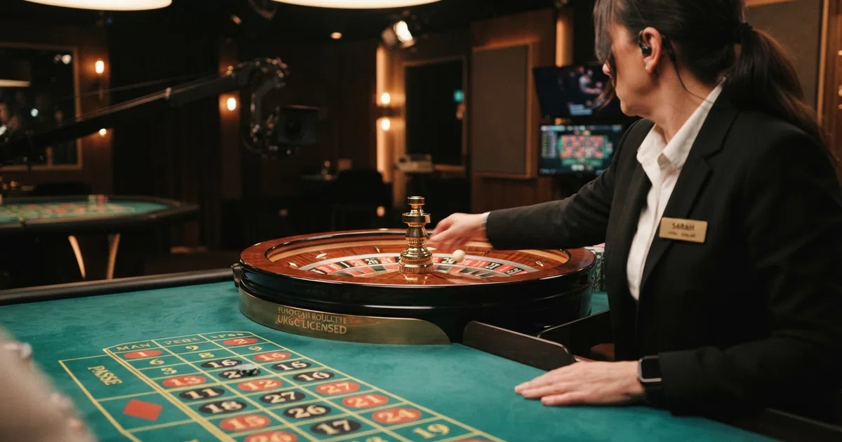 A live roulette table in a professional casino studio, an English-speaking dealer spinning the wheel, the betting grid visible on-screen, HD studio lighting